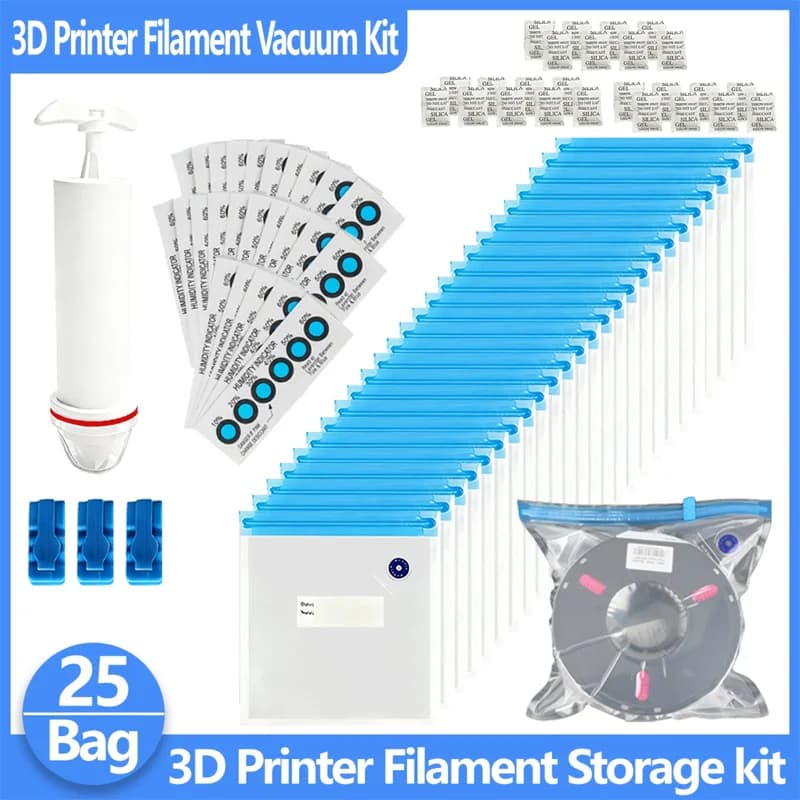 3D Printer Filament Vacuum Bags - Sealing Clip Kit, Drying Packs, Manual Pump and Moisture Indicator Card