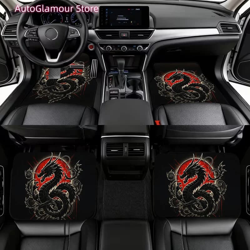 4 tappetini per auto stampati in stile totem di drago, fantastici e alla moda | Poliester resistente, applicabile universalmente per camion e SUV, regalo ideale