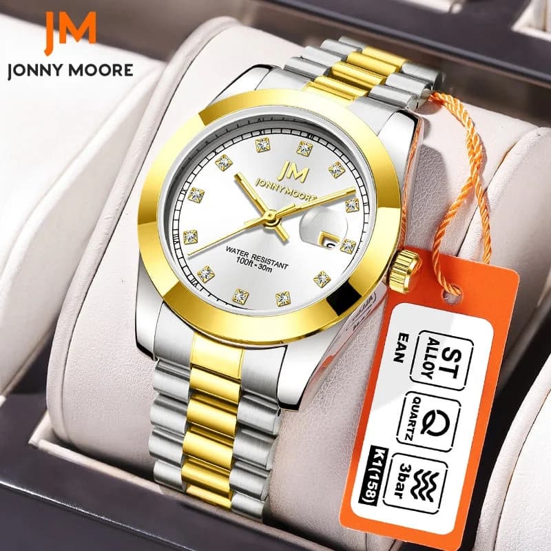 Confezione regalo Orologi da uomo JONNY MOORE 1039 Quadrante con strass di lusso Business Success Orologio da uomo Calendario Orologio al quarzo impermeabile