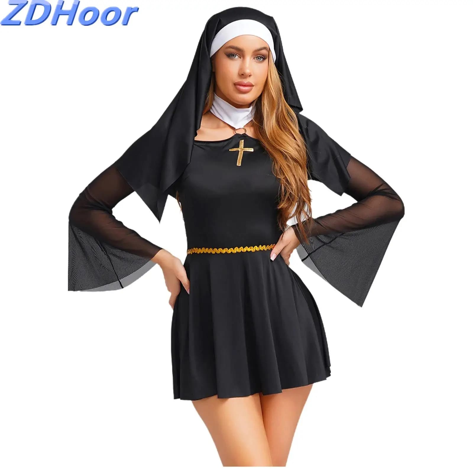 Women's O-ring Halter Cosplay Dress with Straps Neckline Dress Halloween Long Sleeved Dress with scarf