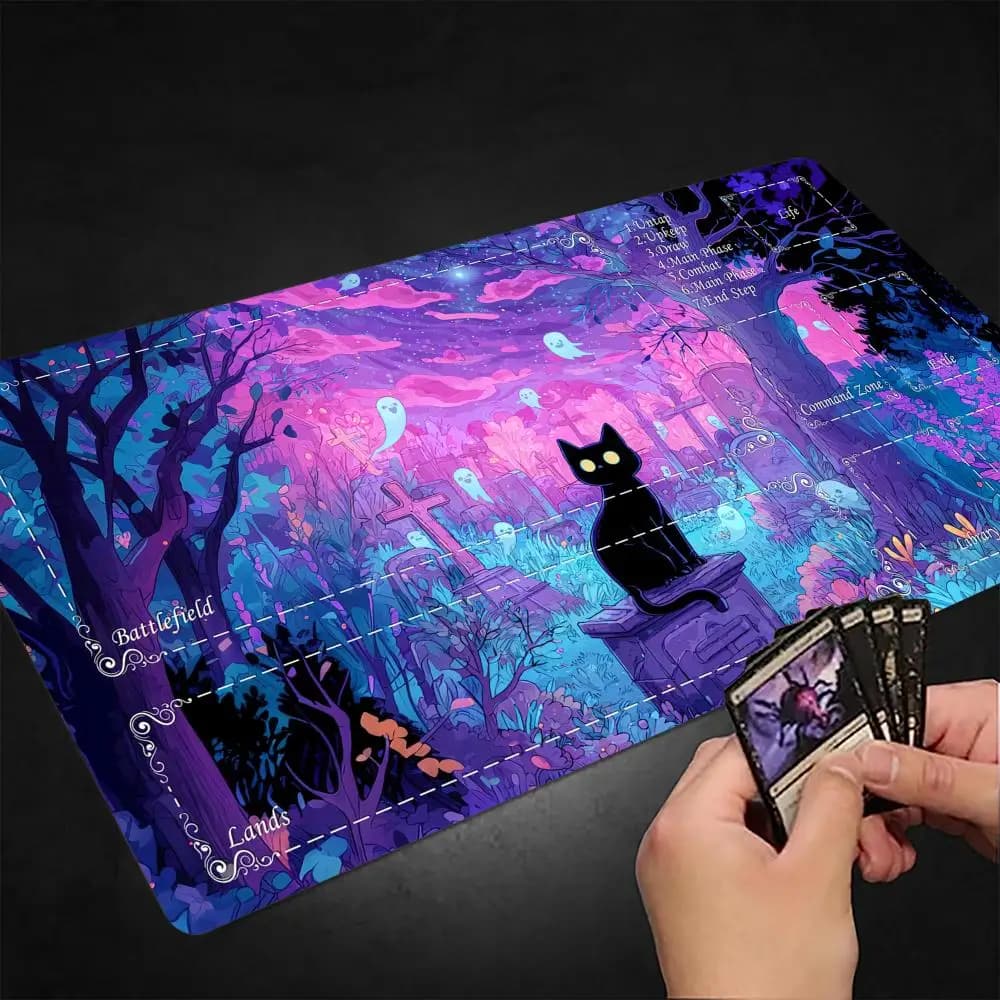 Tappetino da gioco MTG Mysterious Cemetery and Black Cat, tappetino per carte Magic con bordi cuciti, antiscivolo, per giochi da tavolo e TCG