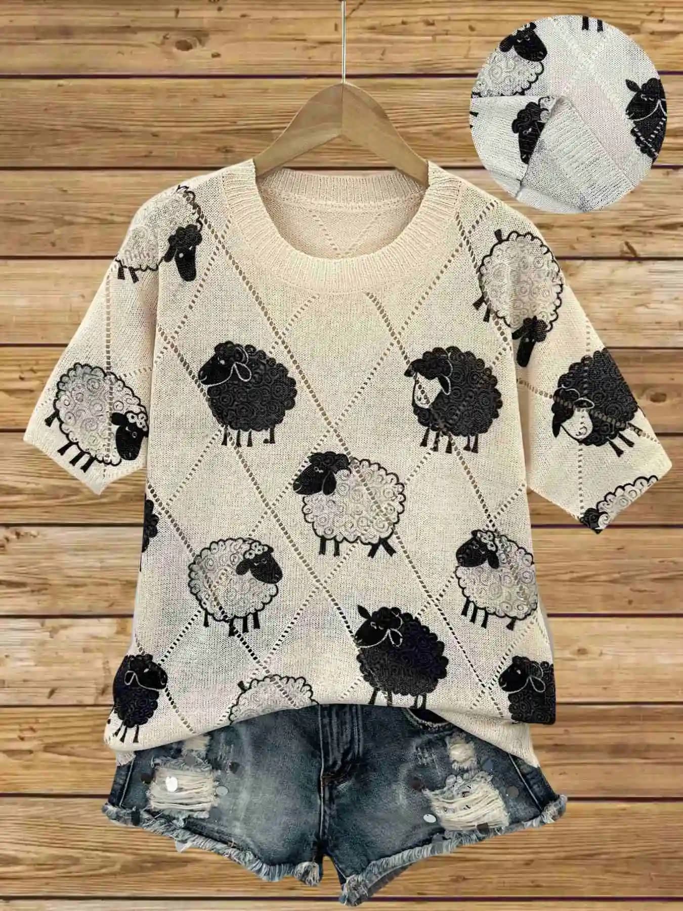 Moda primaverile ed estiva nuovo stile elegante e versatile scollo a V manica corta all'uncinetto top da donna modello animale piatto digitale