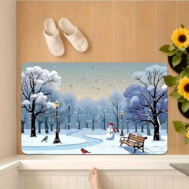 Tappetino invernale con motivo scena di neve, realizzato in tessuto di poliestere, lavabile in lavatrice, adatto per la decorazione del soggiorno e della camera da letto