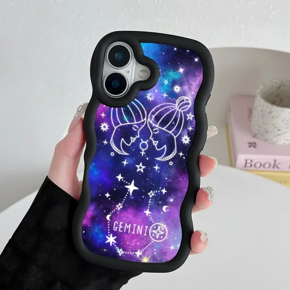 Cover per iPhone Segno Zodiacale Gemelli per iPhone 17 16 15 14 13 12 11 Air Pro Max Plus Nera in TPU Morbido con Bordo Ondulato