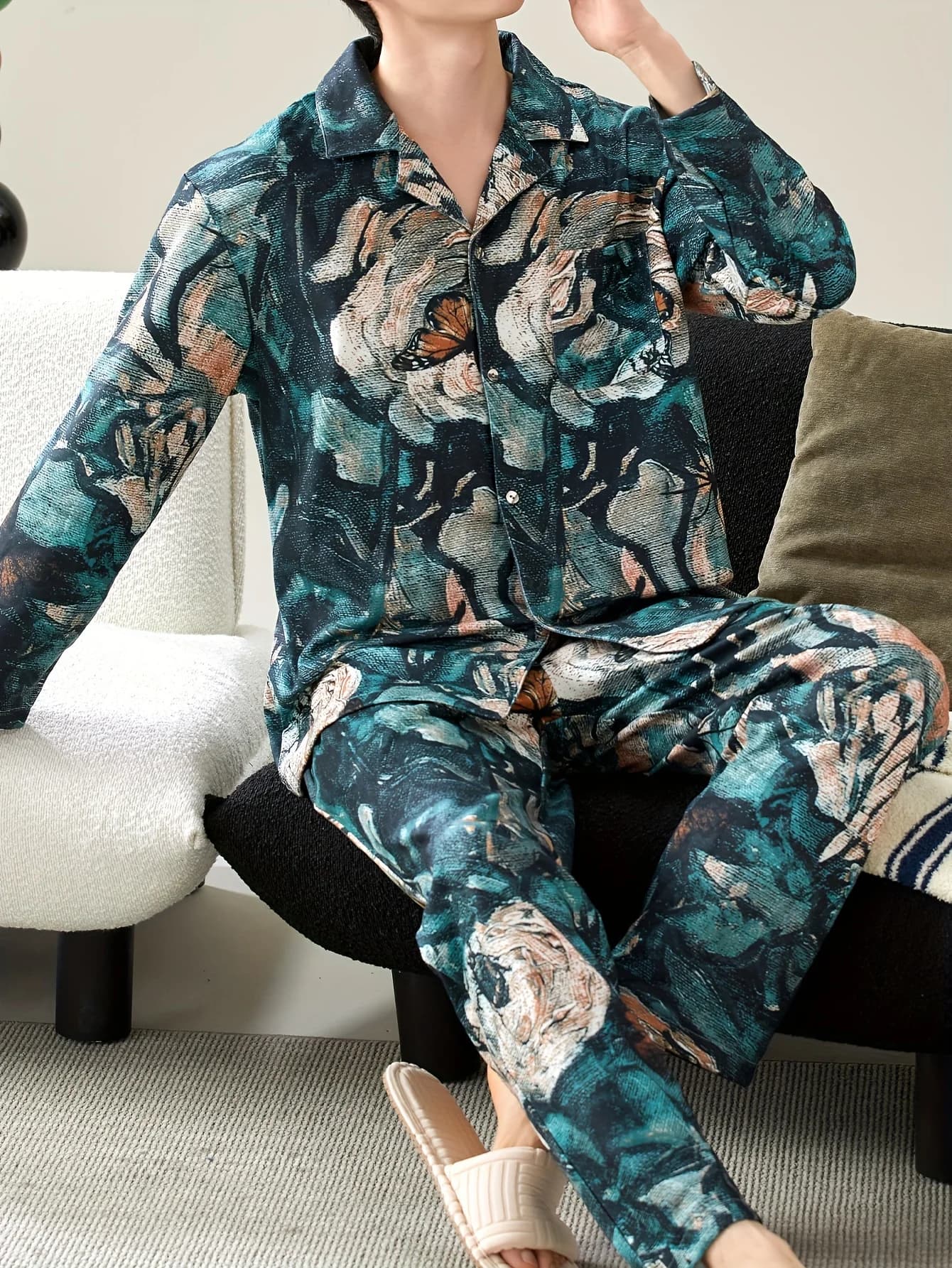 Set da due pezzi pigiama da uomo autunno e inverno pantaloni a maniche lunghe con set di indumenti da notte con motivo a foglie di loto