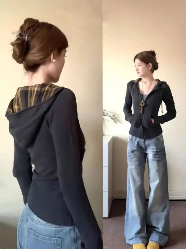 American style four-piece hoodie retro strong sizes for women, open cardigan with zipper and slim fit that accentuates life, women's slim top