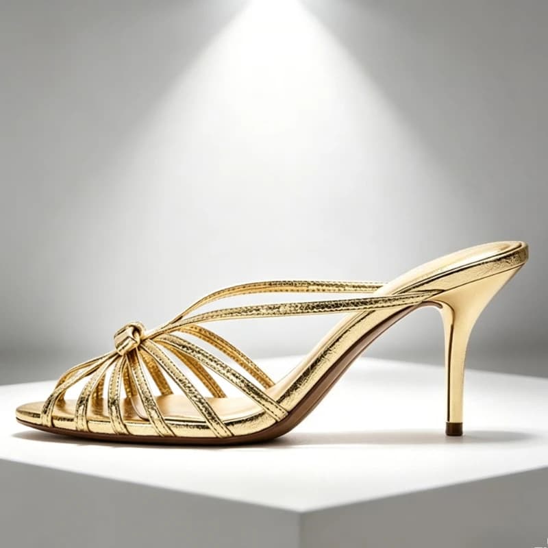 Elegant Metallic Effect Bow Detail Stiletto Slippers Women Sexy Cage Style Design Heeled Sandals Luxury Designer Ladies Shoes