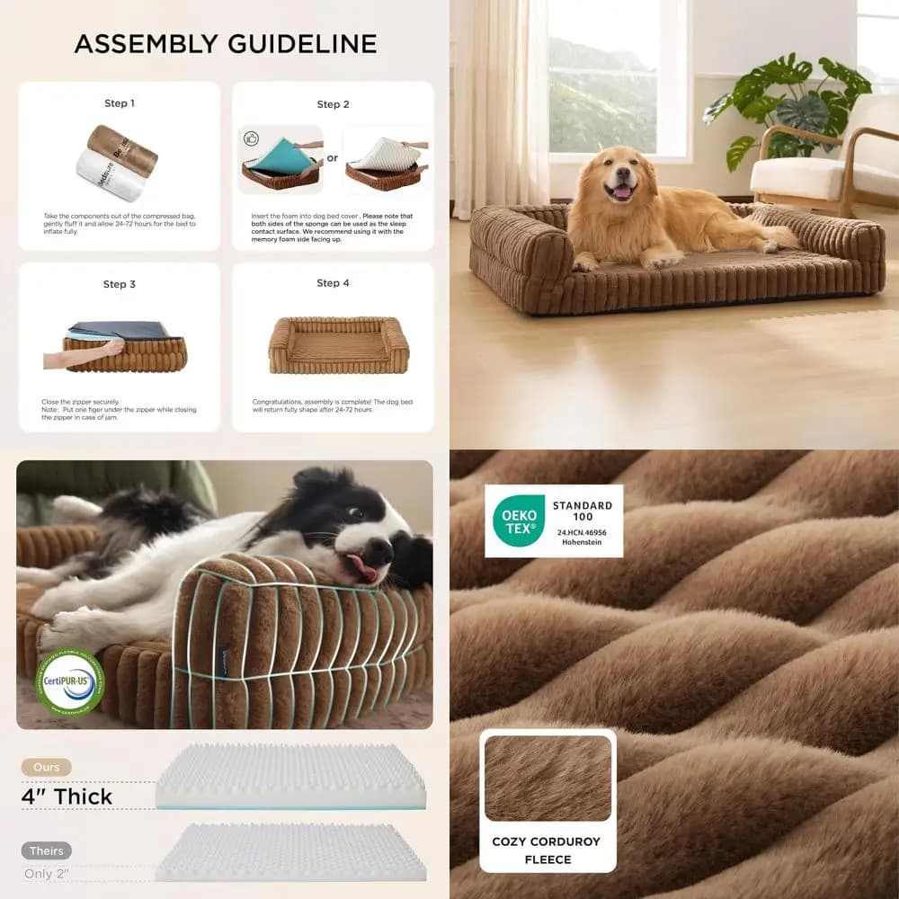Cuccia Ortopedica XL per Cani in Memory Foam con Sponde, Antiscivolo, Rivestimento Lavabile, Marrone