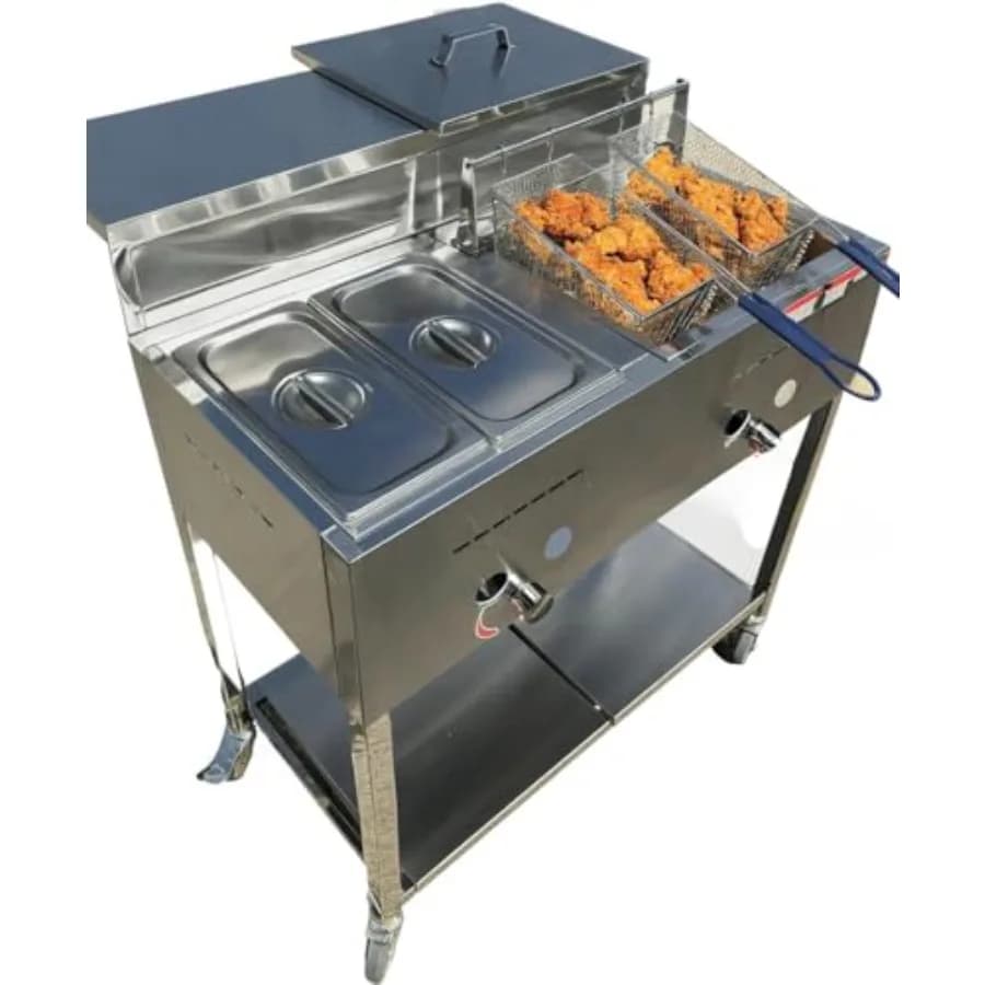 Carrello Friggitrice Professionale Portatile a Propano con 2 Cestelli, Vasca Singola da 3 Galloni, Tavolo Vapore a 2 Scomparti, 4 Ruote, in Acciaio Inossidabile per Esterni