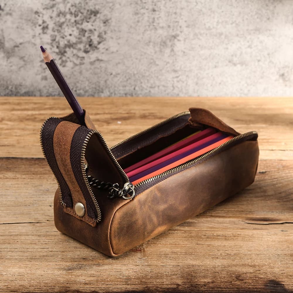 CONTACT'S FAMILY Astuccio per penne in pelle con cerniera Borsa fatta a mano vintage creativa per penne stazionarie per la scuola di grande capacità