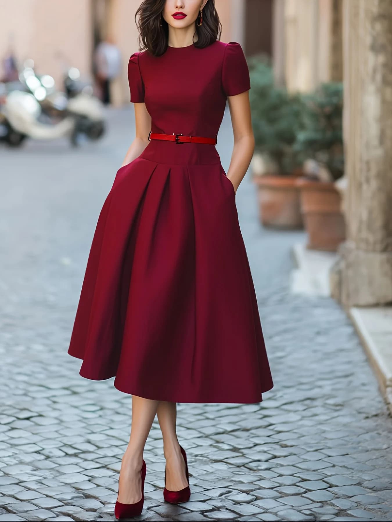 Elegante Abito Midi Francese con Cintura in Vita, Nuovo Stile Primavera Estate, Vestito da Donna con Collo Tondo, Maniche Corte, Tasche e Tinta Unita
