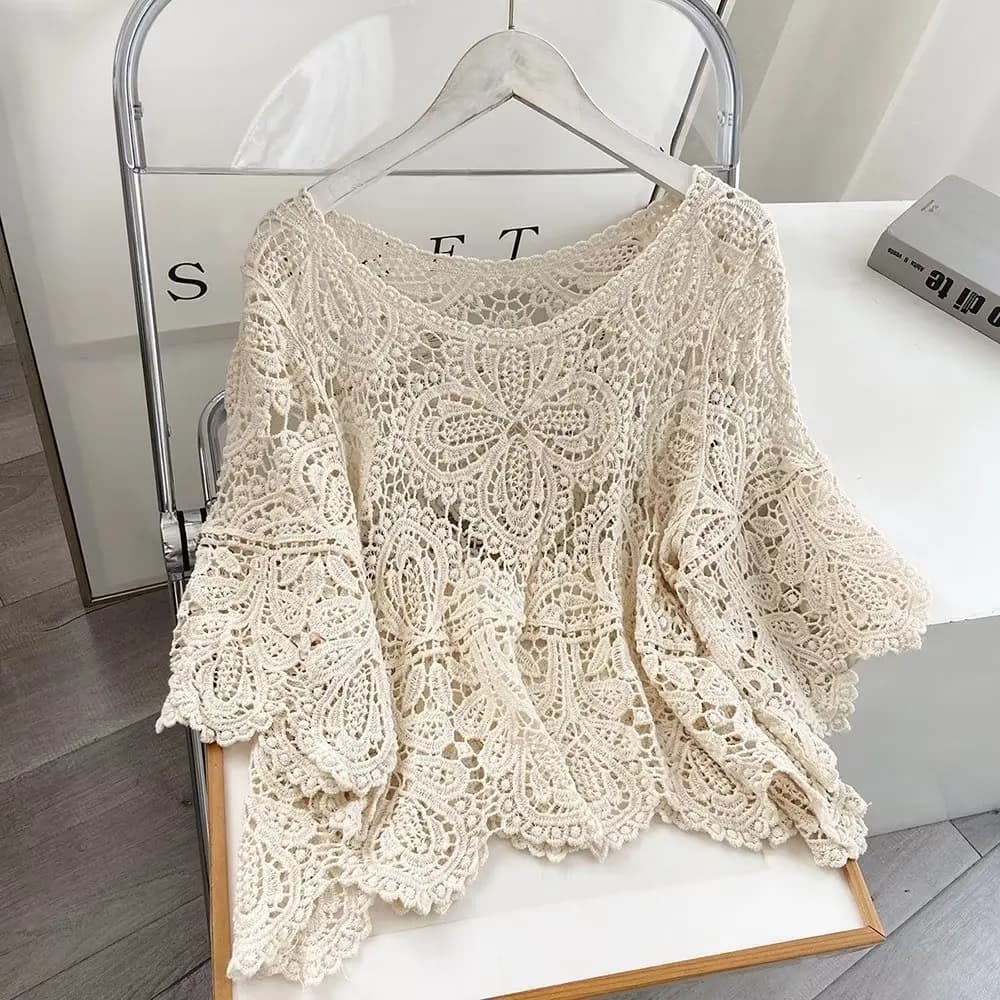 Nuovo Cardigan Estivo con Lavorazione a Uncinetto, Floreale e Traforato, in Misto Cotone, Protezione Solare, Versatile e Comodo