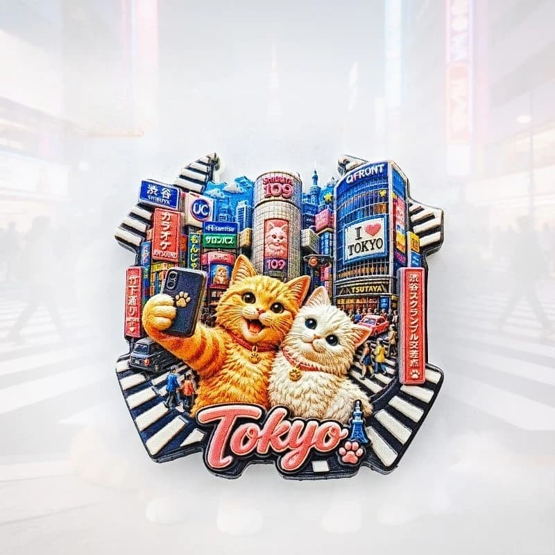 Shibuya Cat Selfie Fridge Magnet - Playful 3D Tokyo Street Souvenir Unique Japanese Urban Gift for Travel & Pop Culture Decor