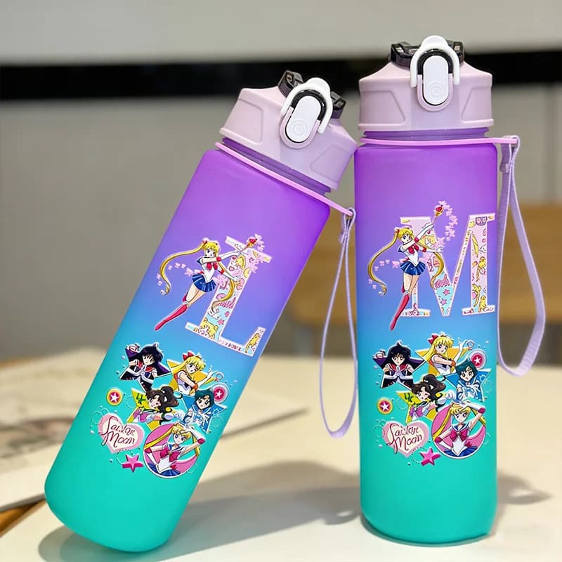 Sailor Moon Water Bottle 750ml Girl Women Gradient Anime Letter A-Z Straw Drinking Cups Portable High-capacity Outdoor Bottles