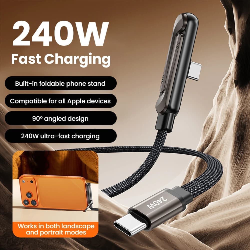 Cavo dati con staffa pieghevole per ricarica rapida da USB C a tipo C da 240 W 2 in 1 Cavo di ricarica per supporto da tavolo per Iphone17 16 Samsung