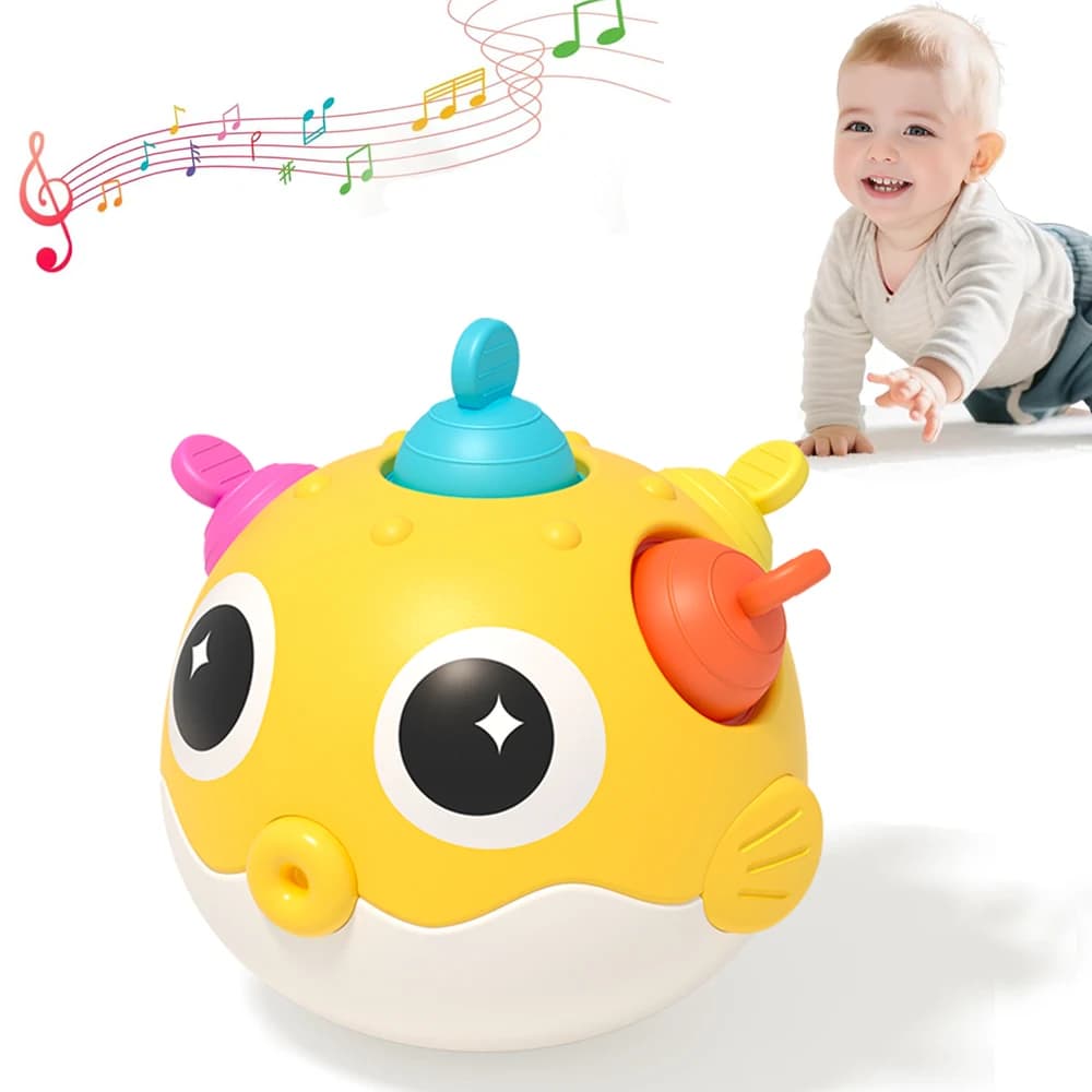 Giocattolo con sonaglio Roly-Poly per bambini Pufferfish con pulsante massaggiagengive, abilità motorie, coordinazione occhio-mano, giocattolo per l'apprendimento precoce, regalo per neonati