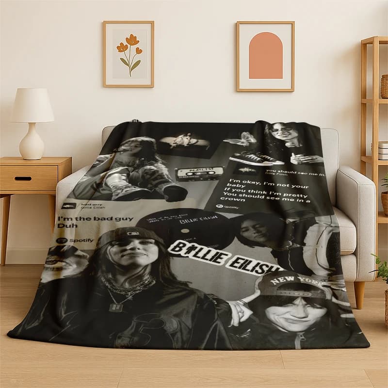 3D Billie Eilish Singer Star Flannel Blanket Soft Warm Throw Blanket for Bedroom Living Room Bed Travel Camping Picnic Gift