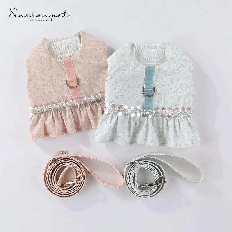 Dog Harness Dress with Leash Set Floral Lace Ruffle Pet Vest Harness Adjustable Soft Breathable Cute Outfit for Small Dogs Daily