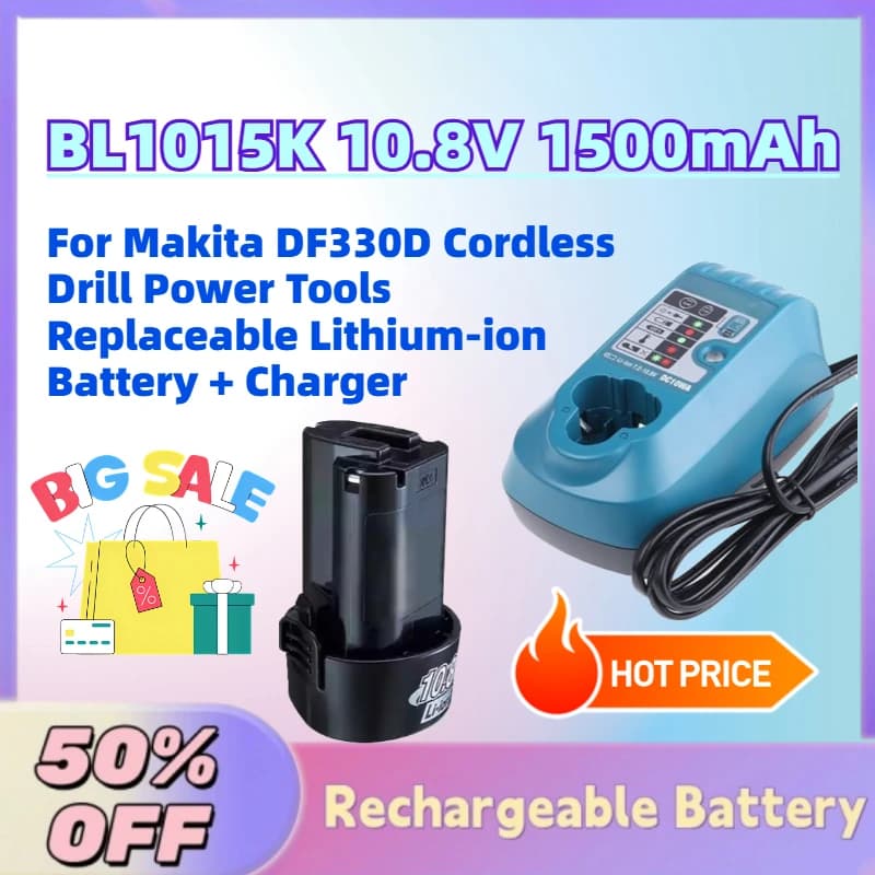 Upgrade BL1015K 10.8V 1500mAh Battery for Makita DF330D Cordless Drill Power Tools Replaceable Lithium-ion Battery + Charger