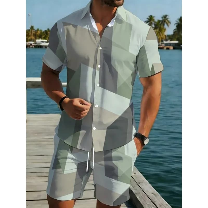 Men's Geometric Print Lightweight Polyester Shirt Shorts Set Breathable Durable Soft Gray Mint for Beach Pool Casual Wear