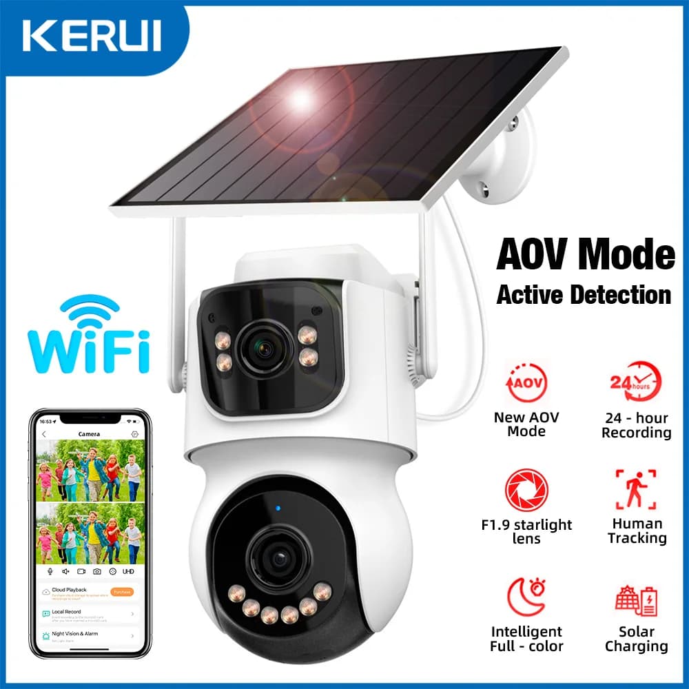 KERUI 4MP Dual Lens AOV 4G Solar Camera External Surveillance IP Camera WiFi Solar Energy Security Camera with Night Vision