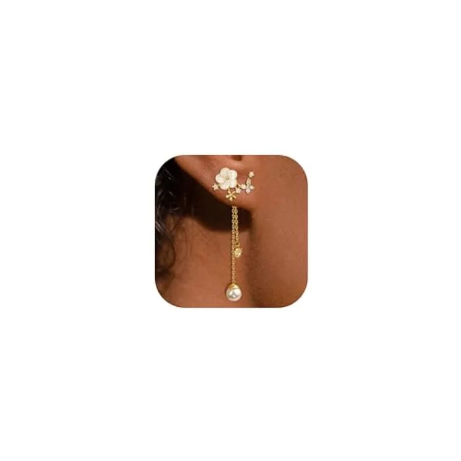 Dangle Pearl Drop Earrings For Women Trendy Long Threader Chain Dainty Flower Wedding Earrings For Brides CZ Cute 14K Gold Stat