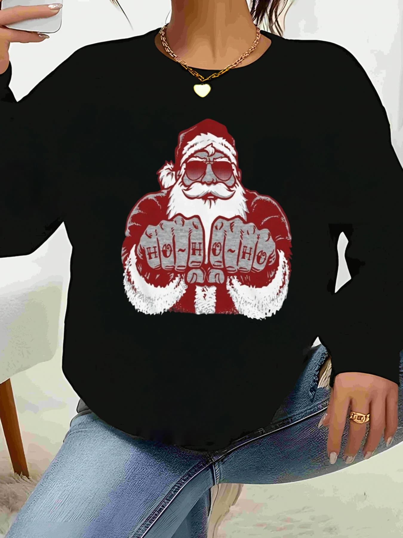 Felpa natalizia con Babbo Natale con occhiali da sole e stampa birra Abbigliamento casual da donna