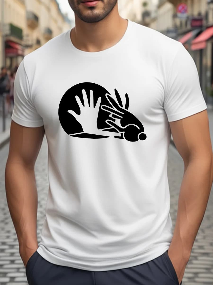 T-shirt bianca a maniche corte con grafica a mani e coniglietti per uomo