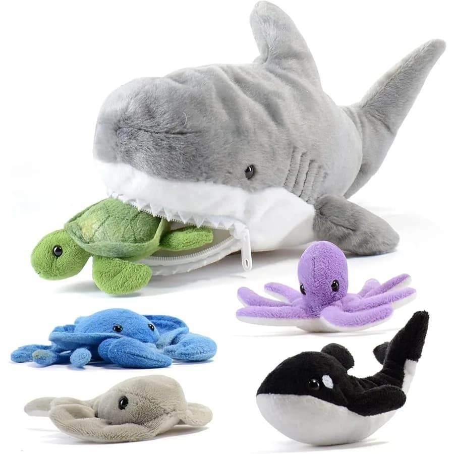 Giocattolo gigante di squalo di peluche con 5 animali marini Tartaruga Balena Polpo Stingray Granchio - Animale di peluche morbido per dai 3 anni in su - Regalo divertente per