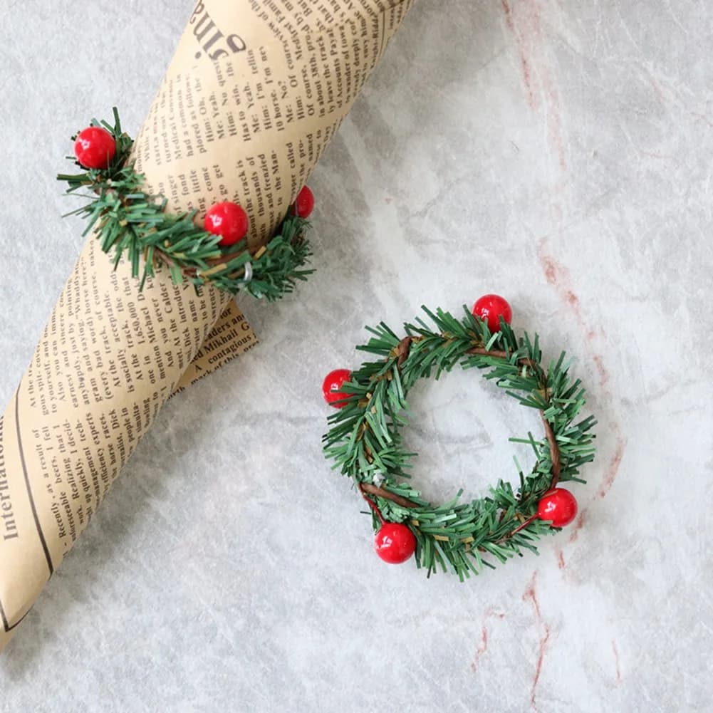 J1UL1N 15Pcs Christmas Decoration Red Fruit PVC Pine Needle Napkin Ring Hotel Home Napkin Buckle Christmas Napkin Ring