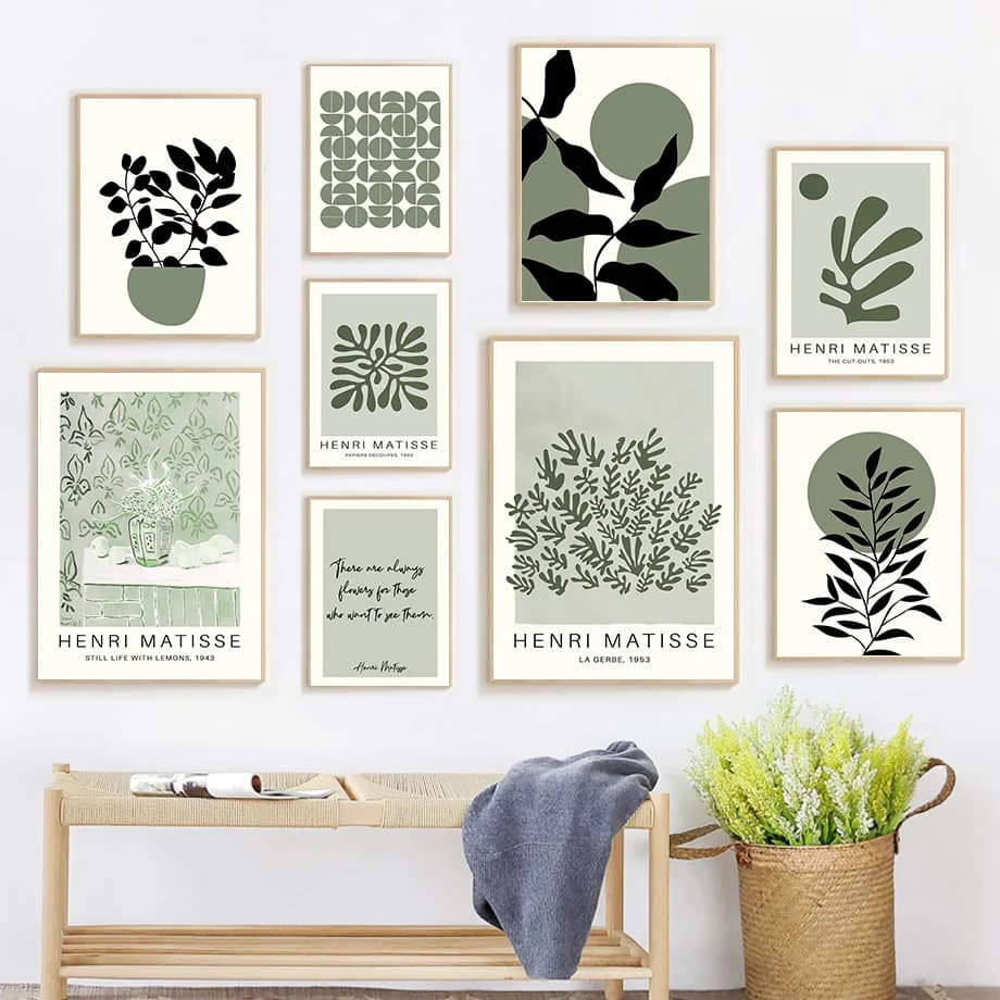 1pcs(No frame)Boho Matisse Green Leaves Sun Geometry Wall Art Canvas Painting Abstract Lines Posters And Prints Pictures For