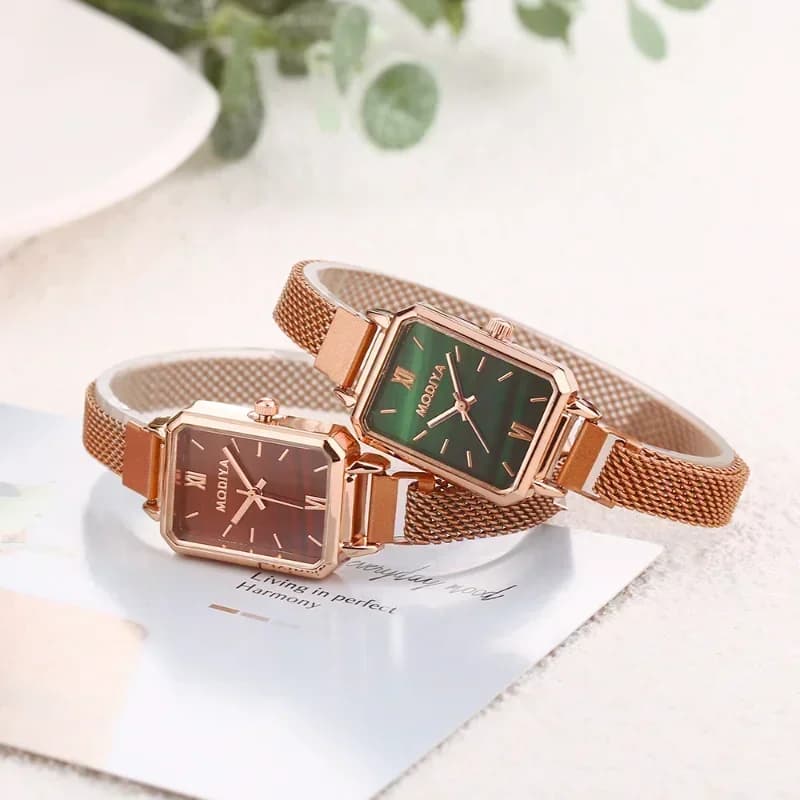 Orologi da donna Orologio al quarzo da donna quadrato alla moda Cinturino magnetico Quadrante verde Orologi da donna di lusso in maglia semplice in oro rosa