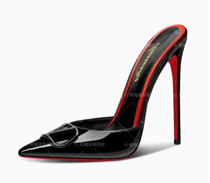 New black pointed toe toe sandals for women, V-button high heels, ultra-fine heels, empty back half slippers for outdoor wear