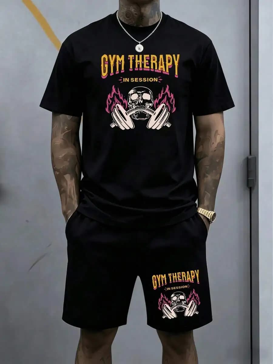 Fiery Skull Lifting Dumbbells Signifying Intense Strength Training Motivation 2pcs Shorts Set Daily Wear Summer Athletic