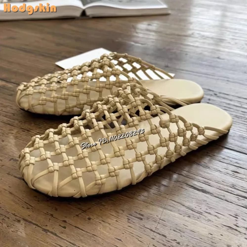 Pantofole in rete intrecciata albicocca Punta tonda Rete da pesca traspirante cava Piatta Ciabatte casual Donna Estate Scarpe romane all'aperto 2025