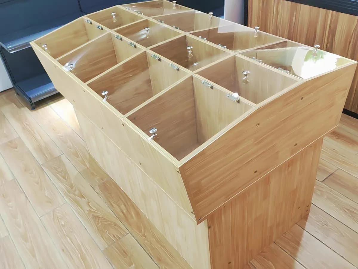 Espositore per Cereali e Frutta Secca, Scaffale in Legno per Supermercato, Contenitore per Riso, Scaffale per Snack, Armadio per Alimenti Sfusi