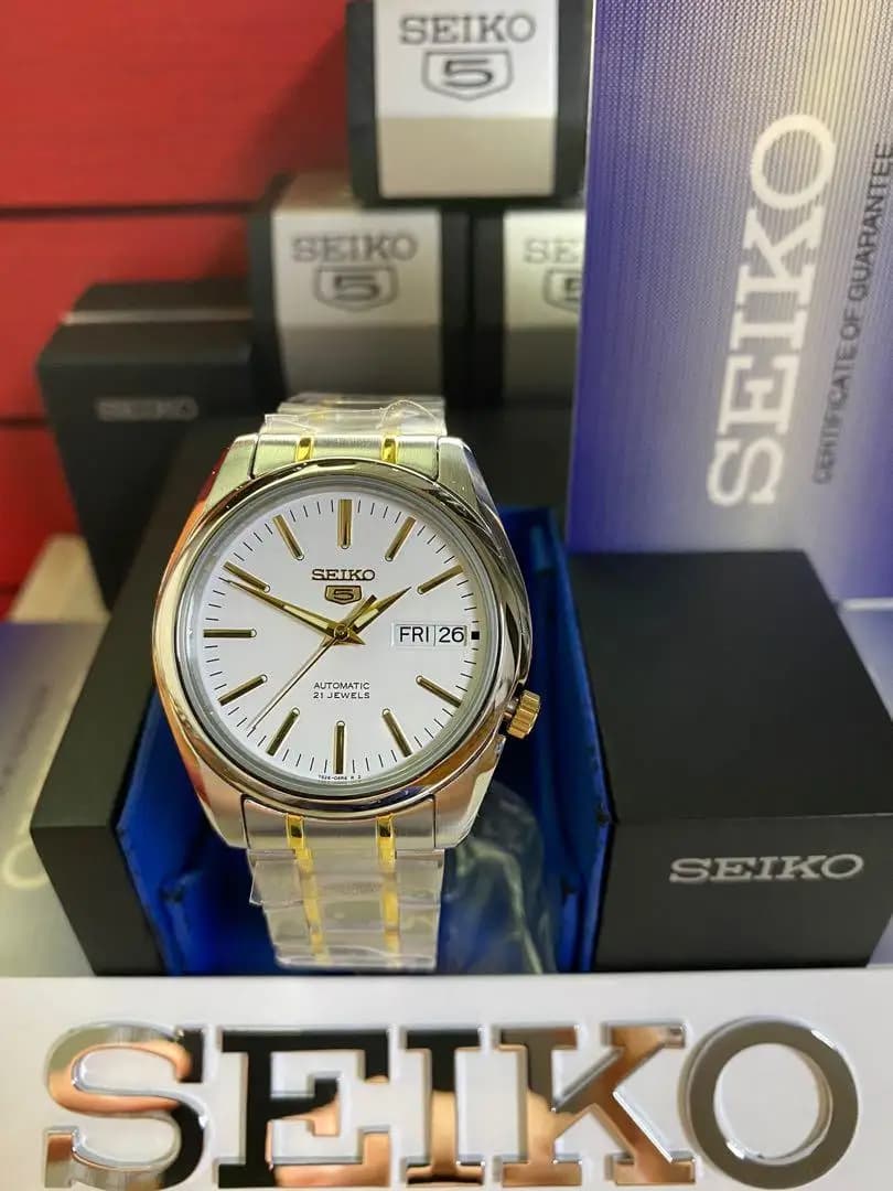 Genuine SEIKO SNKL47K1 Automatic Watch for Men 38mm White Dial Two-Tone Strap 30m Water Resistant Gift for Husband