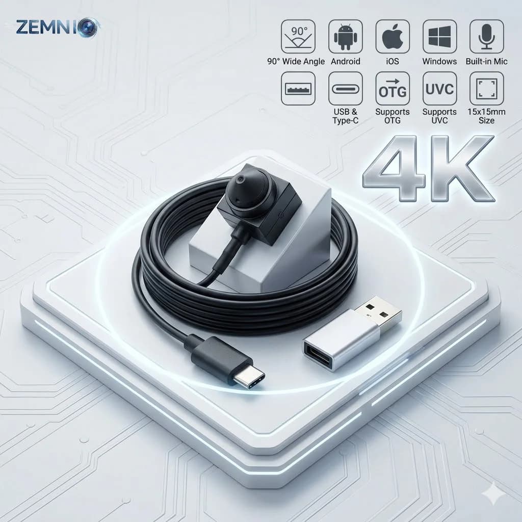 8MP 4K / 2MP 1080P Mini USB Camera, 3.7mm 90°W Lens, Mic, UVC OTG, 15x15mm Tiny Webcam for Android iOS Windows, Indoor CCTV