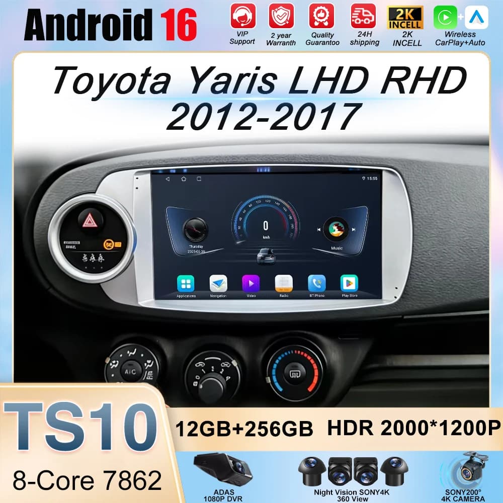 Autoradio Android 16 con Carplay per Toyota Yaris 2012-2017 LHD RHD, Navigazione GPS, Lettore Multimediale, Stereo, WIFI