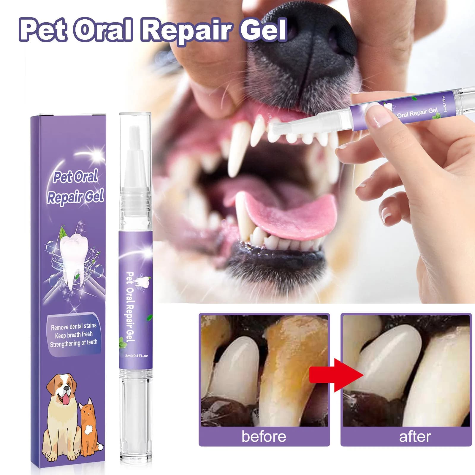 3ml Home Animal Tooth Cleaning Gel, Fresh Food, Tooth Whitening, Tartar Removal, Oral Care, Tooth Repair, Cane Pen