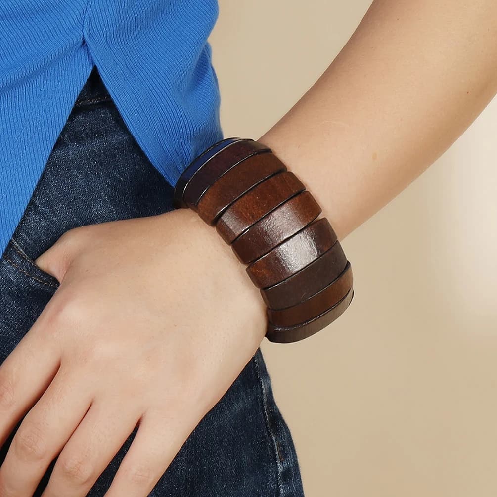 Braccialetti e braccialetti con polsino tondo a blocchi di legno di tendenza per le donne dichiarazione braccialetto con cordino elastico con perline di legno accessori per gioielli Boho