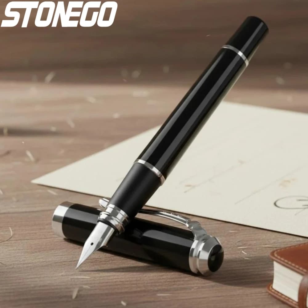 Ultra Fine Tip Black Metallic Fountain Pen with Ink Refill Converter Executive Calligraphy Gift Pen
