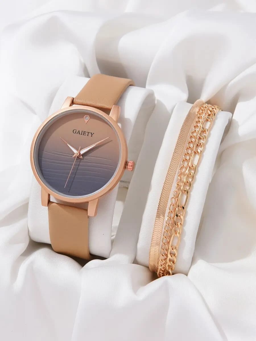 1pc Ladies Watch Ombre Round Pointer Quartz Watch & 1pc Layered Bracelet