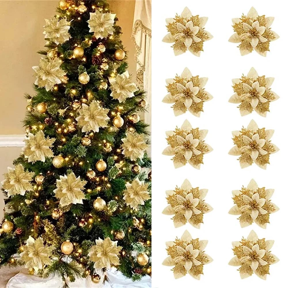 5/10 pezzi 14,5 cm ornamenti floreali di Natale, rosa, rosso, oro, fiori artificiali glitterati per albero di Natale, decorazioni natalizie per la casa