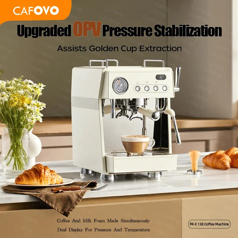 Macchina per Espresso Semi-Automatica CAFOVO E138 9 Bar con Controllo PID, Serbatoio d'Acqua e Scaldabagno a Scambio Termico per Baristi