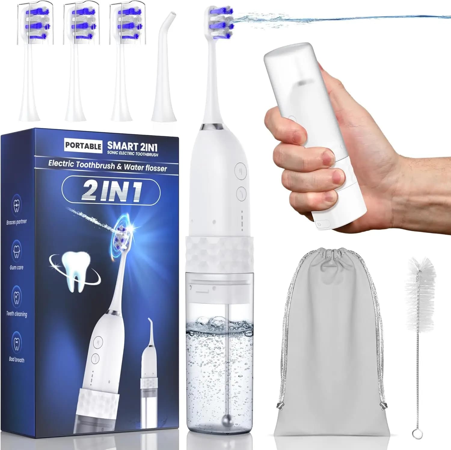 Spazzolino elettrico 2 in 1 con irrigatore orale, batteria da 25 giorni, kit da viaggio, bianco