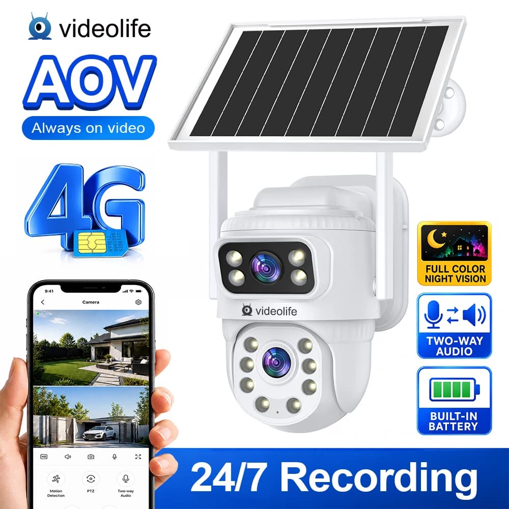 4G Solar AOV Dual-Lens PTZ Camera, 24/7 Always On Video, AI Human Detection, Two-Way Audio, Full Color Night Vision