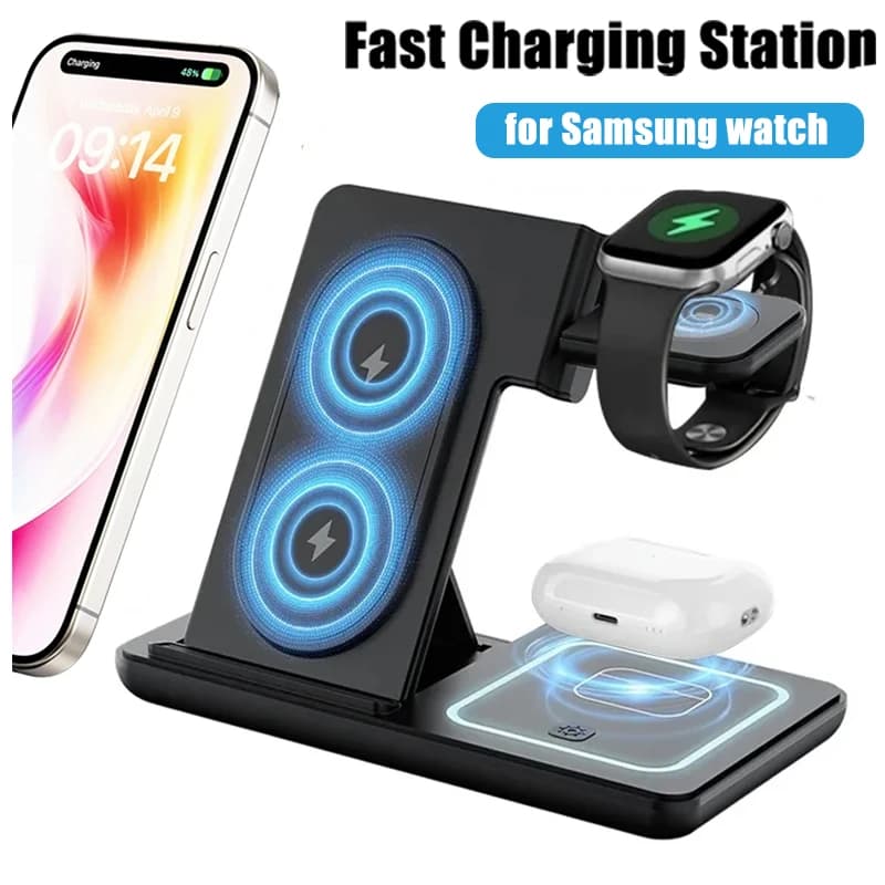 Caricatore wireless 3 in 1 con supporto da scrivania per Samsung S24 S23 Galaxy Watch 2-8 Active 1 2 Buds Pro, stazione di ricarica rapida a LED per auricolari.