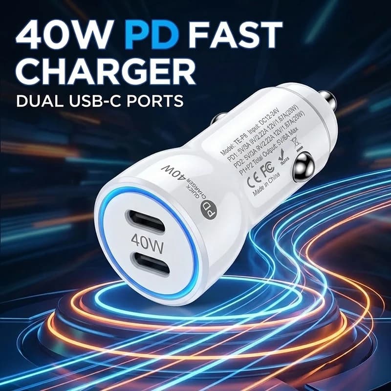 40W PD Car Charger Dual C Ports with Cool Blue LED Ring Ultra-compact Mini Car Phone Charger For Fast Multi-device Charging