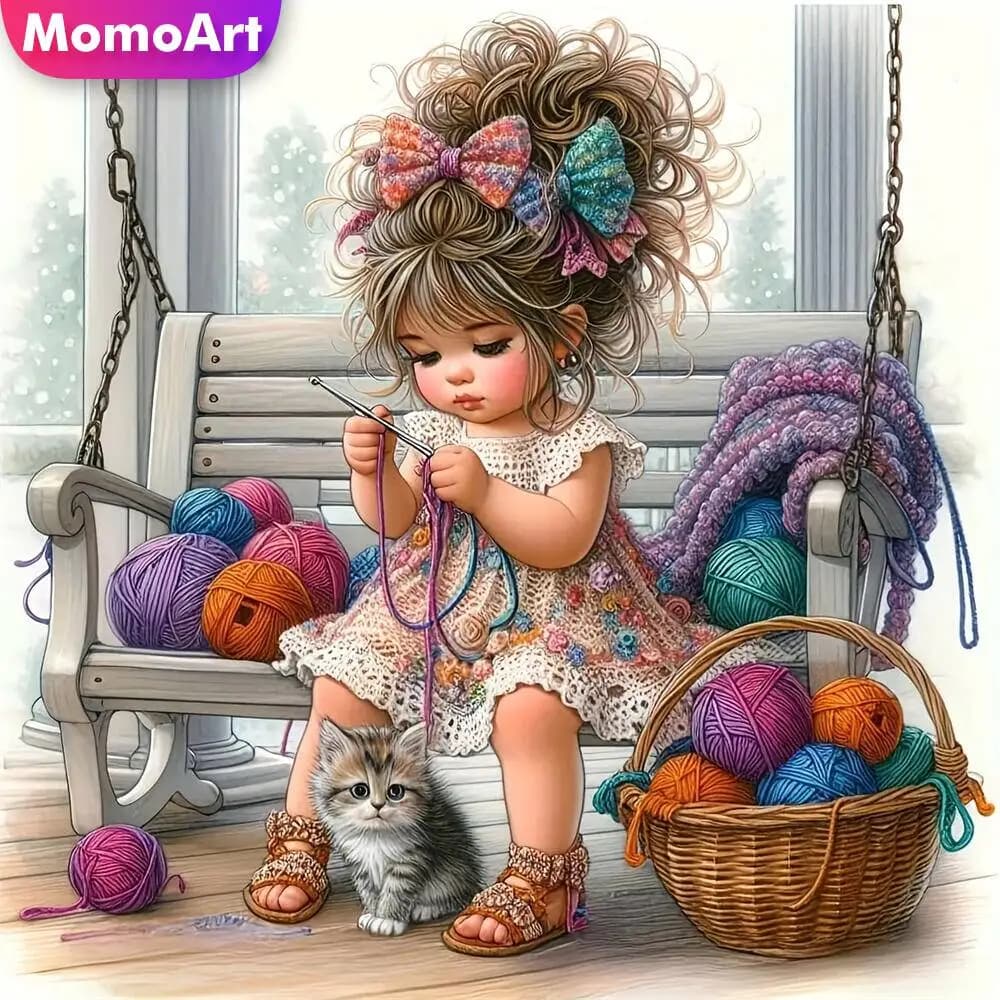 Momoart DIY Girl Diamond Mosaic Kid Portrait Acrylic Craft Supplies Diamond Painting Cat New Arrival Embroidery Holiday Gifts